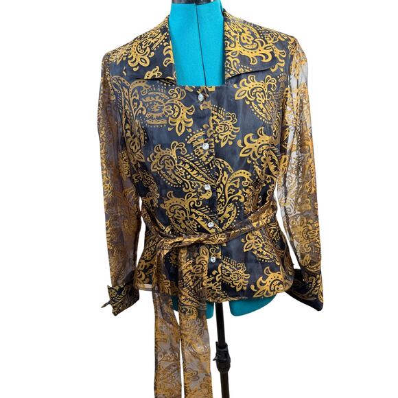 MKC Long Sheer Sleeve Button Up Belted Formal Semi Formal Blouse Medium - Picture 9 of 9